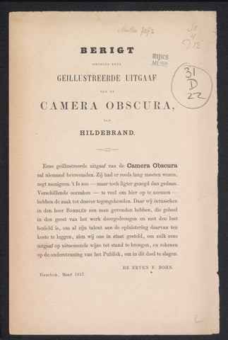 Publisher prospectus for an illustrated edition of Hildebrand's Camera Obscura, 1857, anonymous, 1857 Canvas Print