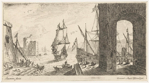 Large arch on the quay of a port, anonymous, 1650 - 1738 Canvas Print