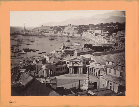 View of the bay of Genoa with a railway station in the foreground, anonymous, 1850 - 1876 Canvas Print