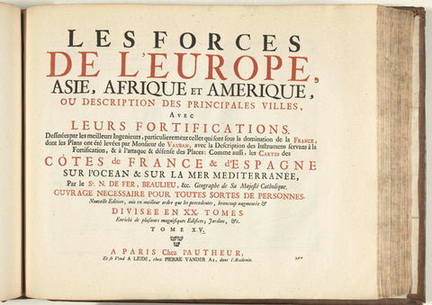 Titelpagina voor het prentwerk: The Forces of Europe, Asia, Africa and America (...) Comme aussi les Cartes des Côtes de France et d'Espagne (deel XV), 1726, Pieter van der Aa (I), 1726 Canvas Print