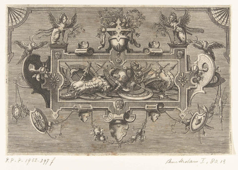 Cartouche with a weapon trophy in a scroll frame, above it two sphinxes, Harmen Jansz Muller, 1564 Canvas Print