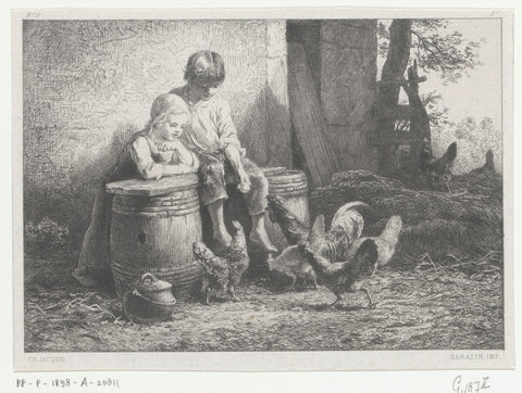 Two children feed chickens, Charles Emile Jacque, 1864 Canvas Print