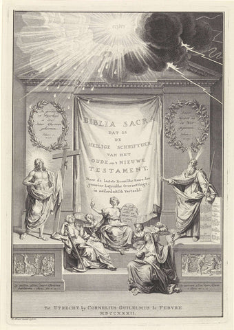 Title page with Christ and Moses pointing to a drapery with the title, Bernard Picart, 1732 Canvas Print