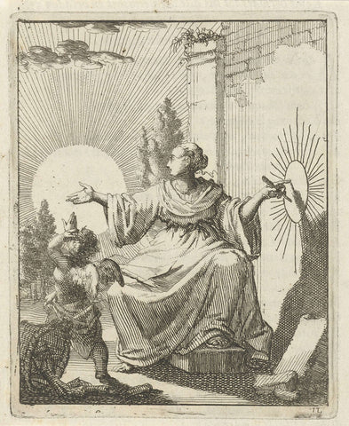 Woman compares the sun with a drawing of the sun next to her on a wall, Jan Luyken, 1687 Canvas Print