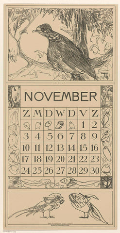 Calendar sheet November with wood pigeon, Theo van Hoytema, 1917 Canvas Print