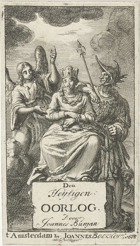 Crowned and chained woman flanked by an angel and a soldier, Jan Luyken, 1685 Canvas Print