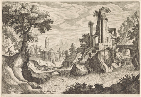 River landscape with a ruin, Monogrammist HSV, 1595 - 1625 Canvas Print