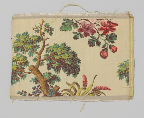 Fragment of a silk fabric with a pattern of a multicolored tree and rock on yellow soil, , 1735 - 1745 Canvas Print