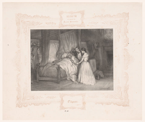 Young man and young woman at the deathbed of a greyhound, Paul Gavarni, 1833 Canvas Print