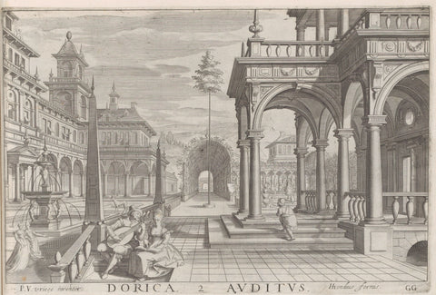 Terrace of a building with Doric columns and the sense hearing, Hendrick Hondius (I), 1620 Canvas Print