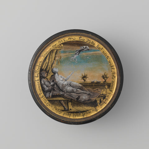 Round box with a glass painting on the back with a loving couple, anonymous, 1773 Canvas Print