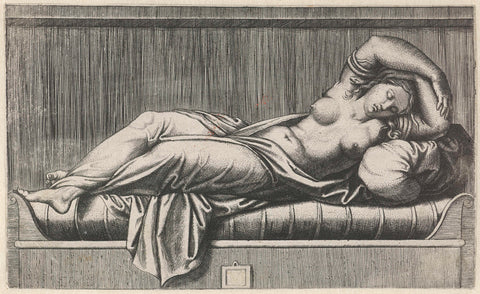 Cleopatra half-naked lying on the bed, Marcantonio Raimondi, 1515 - 1575 Canvas Print