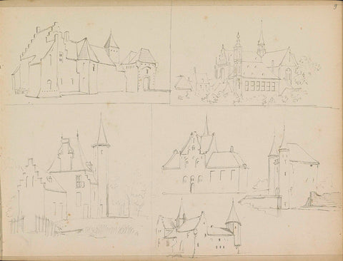 Study sheet with fortified buildings and a church, Adrianus Eversen, c. 1828 - 1897 Canvas Print