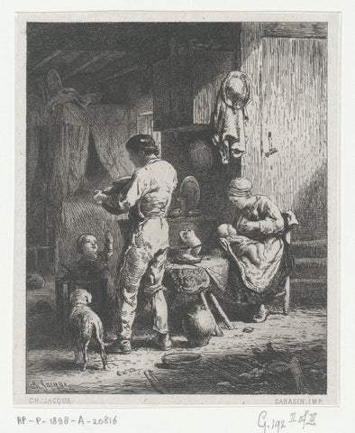 Peasant interior with family with the meal, Charles Emile Jacque, 1864 Canvas Print