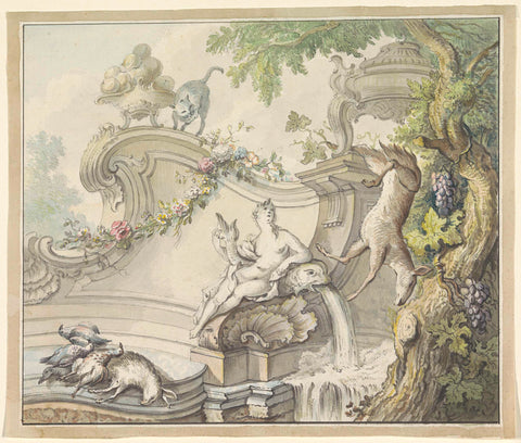 Fountain with woman and hunting booty, anonymous, 1705 - 1800 Canvas Print