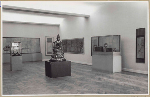 Room with two display cabinets and in the middle a statue of Bodhisattva Seishi, 1952 Canvas Print