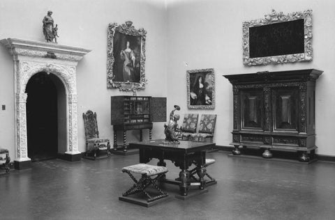 Room 259 with porch, furniture including cabinets and paintings, 1953 Canvas Print