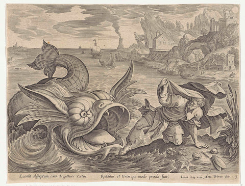 The fish spews Jonah out on the land, Antonie Wierix (II), 1643 Canvas Print