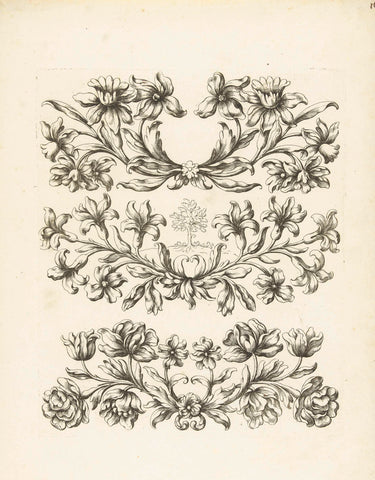 Drie friezen van bladeren en bloemen, Paul Androuet Ducerceau, c. 1670 - c. 1685 Canvas Print