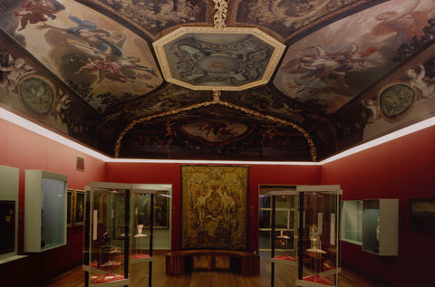 Room 105 with ceiling painting, a tapestry and display cases, 2003 Canvas Print