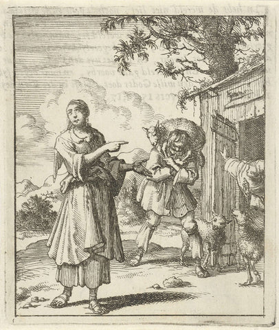 Woman points to the recovered sheep that is brought to the stable on the shoulders of a man, Jan Luyken, 1687 Canvas Print