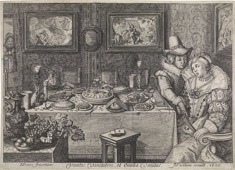 Young Couple Seated at a Lavishly Laden Table, Jacob Matham (workshop of), 1620 Canvas Print