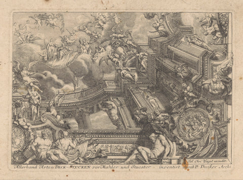 Ceiling painting with Olympic gods around a classical building, Lorenz Beger (possibly), 1687 - 1725 Canvas Print