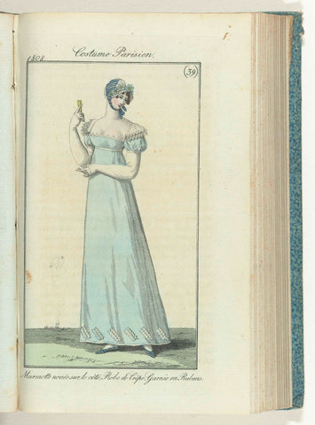 Journal des Dames et des Modes, editie Frankfurt 25 September 1808, Costume Parisien (39): Marmot knotted on the side, Robe de Crêpe, Garnie en Rubans., anonymous, 1808 Canvas Print