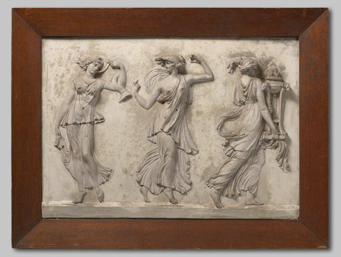 Dessus-de-porte in plaster with performance of three dancing and musicing women. One of them carries a burning fire on a three-footer with rams heads. In frame of oak, anonymous, 1800 Canvas Print