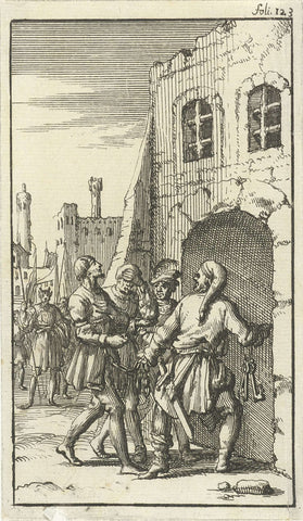 Two chained men are led to prison, Jan Luyken, 1685 Canvas Print