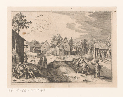 Village view with boy on horseback and bagpipe player, anonymous, Matthäus Merian (I), after 1620 Canvas Print