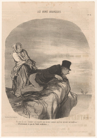 Woman pulls her husband away at cliff, Honoré Daumier, 1846 Canvas Print