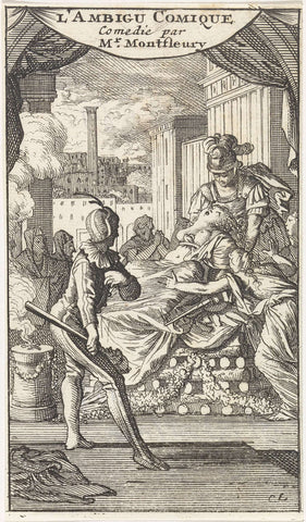 Jester watches as Dido dies at the stake after stabbing herself with a dagger, Caspar Luyken, 1698 Canvas Print