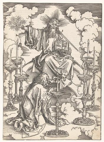 John the Evangelist kneels before Christ in the midst of seven candlesticks, Albrecht Dürer, 1498 Canvas Print