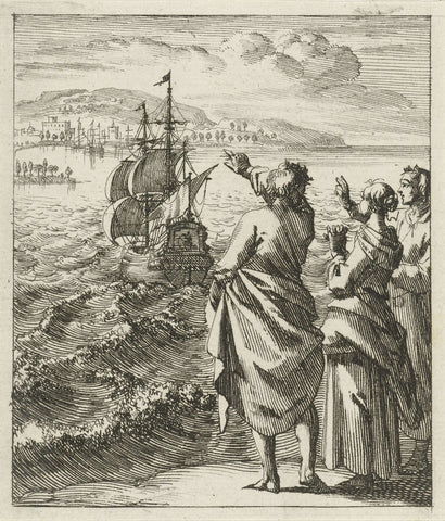 Three figures wave a sailing ship out, Jan Luyken, 1689 Canvas Print