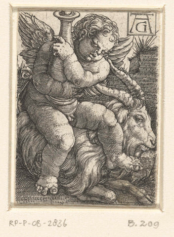 Putto sitting on a goat, Heinrich Aldegrever, 1512 - 1560 Canvas Print