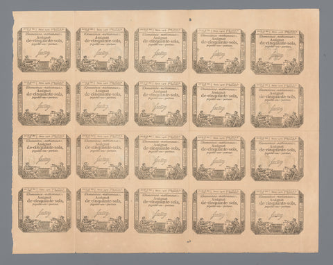 Sheet with 20 assignats of fifty sols, series 1476 issued May 23, 1793, Nicolas Marie Gatteaux, 1793 Canvas Print