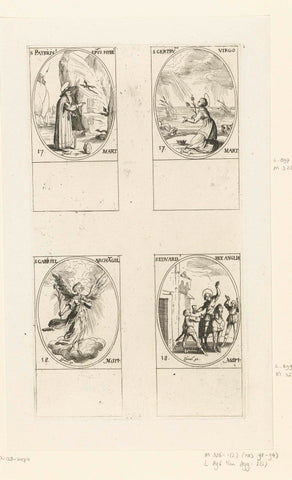 Saint Patricius of Ireland, Saint Gertrude of Nivelles, Archangel Gabriel, Saint Edward the Martyr (March 17-18), Jacques Callot, 1632 - 1636 Canvas Print