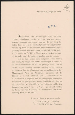 Letter concerning the bust of Charles Rochussen offered on the occasion of his seventieth birthday, Johan Conrad Greive, 1888 Canvas Print