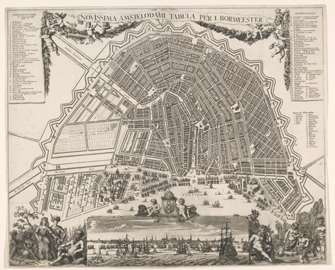 Map of Amsterdam with cityscape, Johannes Kip, 1688 - 1702 Canvas Print