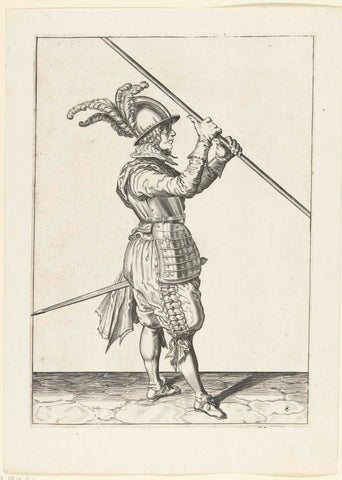 Soldier carrying his skewer with both hands close to each other above his right shoulder, the tip tilted towards the ground, Jacob de Gheyn (II) (workshop or), 1597 - 1607 Canvas Print