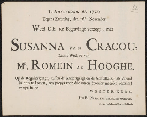 Invitation to the funeral of Susanna van Cracou, heirs Jacob Lescailje and Dirk Rank, in or after 1720 Canvas Print