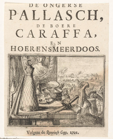 Title page for the pamphlet: De Ongerse Pallasch, de Boere Caraffa, en Hoerensmeerdoos, 1701, Romeyn de Hooghe, 1701 Canvas Print