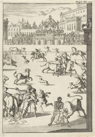 Bullfight in an arena, Caspar Luyken, 1696 Canvas Print