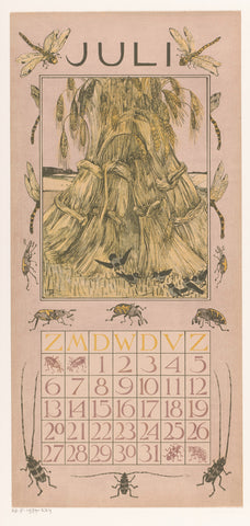 Calendar sheet July with corn sheaves, Theo van Hoytema, 1901 Canvas Print