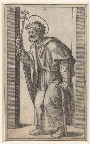 Saint Joseph with flourishing staff, Marcantonio Raimondi, 1500 - 1527 Canvas Print