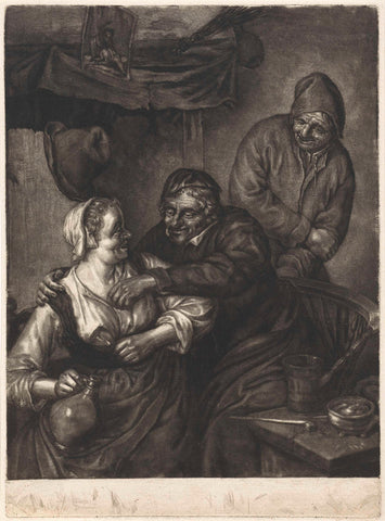 Inn scene with three figures by a fireplace, Pieter Schenk (I), 1670 - 1713 Canvas Print