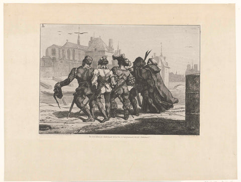 Scene from Pantagruel of Rabelais in which five men, Ponocrates, Panurge, Epistémon, Gymnaste and Frère Jean, larm in arm walk in Paris, Félix Bracquemond, 1854 - 1855 Canvas Print