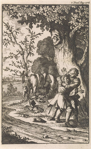 Don Clarazel embraces Gandales, whom he chooses as his squire, Caspar Luyken, 1697 Canvas Print