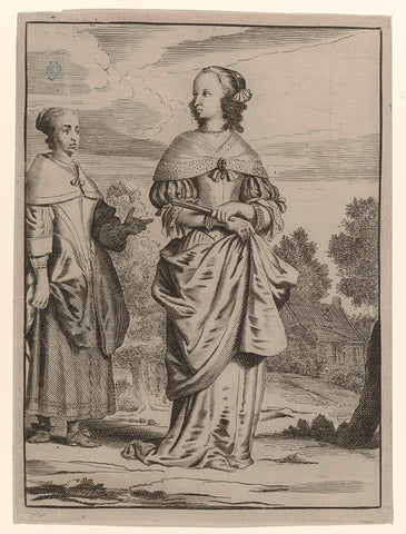 Lady, dressed according to the fashion of ca. 1660, and her handmain, standing in landscape, Jan van Troyen, c. 1660 Canvas Print